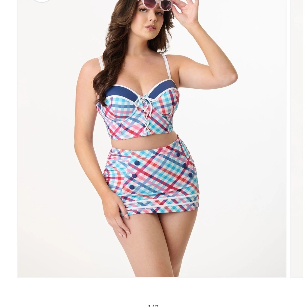 Unique Vintage Blue and Pink Plaid Bikini Set